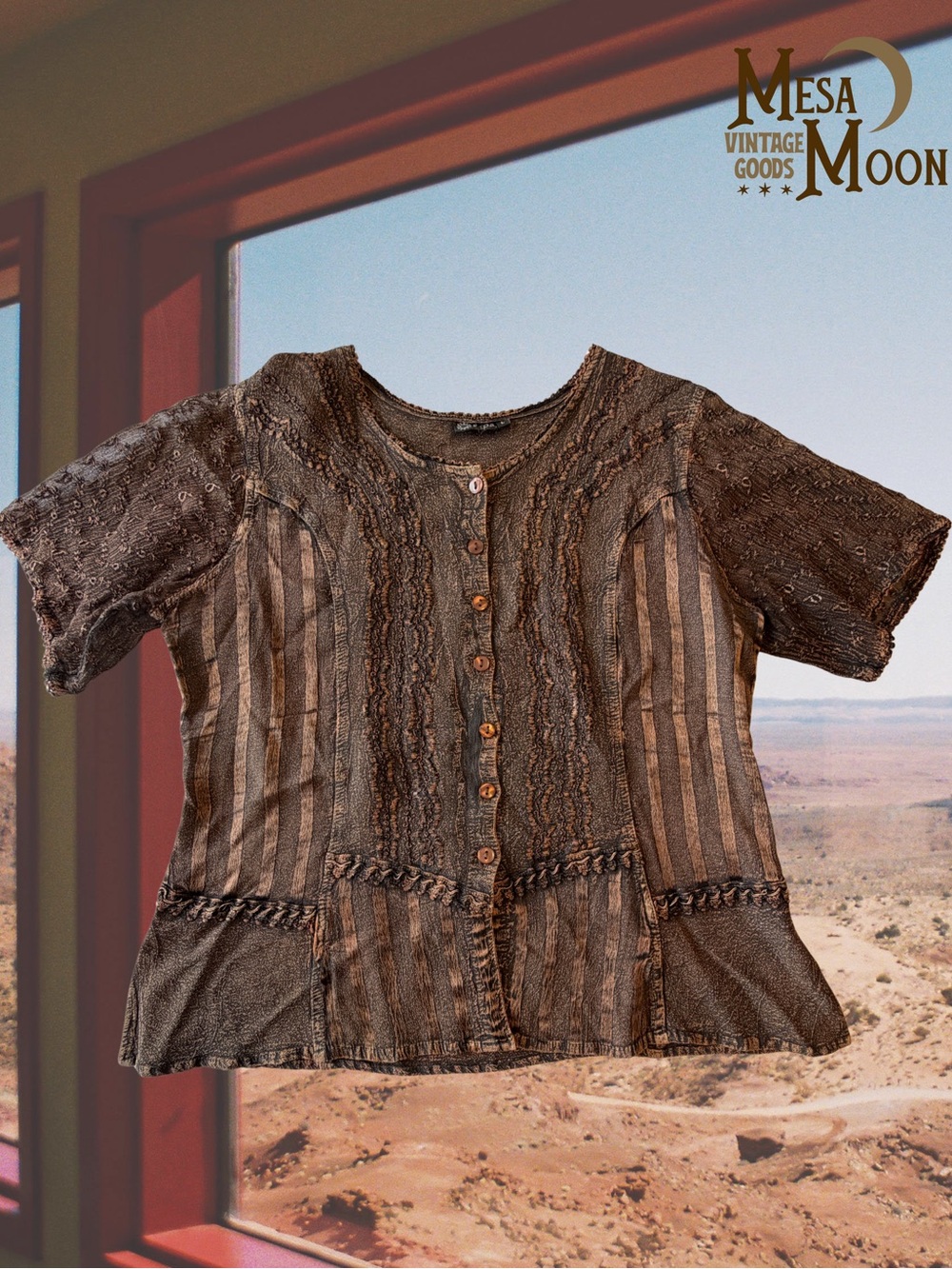 Vintage Women's boho Brown Textured Button-Front Top